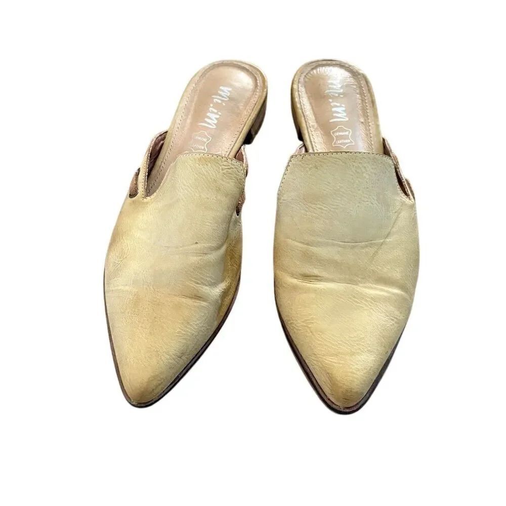Mi. im Women's Beige Leather Slip-On Mules Size 9 Pointed Toe Casual Shoes